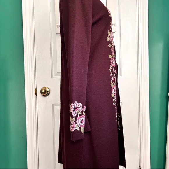 Long Maroon Wool Blend Cardigan with Embroidered Flowers at trim Small - Picture 9 of 11